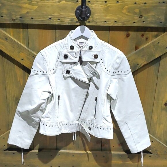 BOSTON PROPER WHITE LEATHER MOTO JACKET WITH STUDS SIZE MEDIUM - Picture 1 of 16